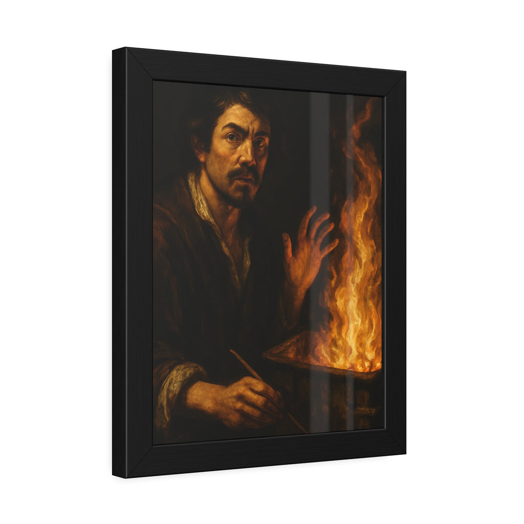 Man holding a paintbrush, his other hand raised beside tall flames. Self-Portrait with Brush and Flame by Garabaggio, framed fine art print hanging in a room.