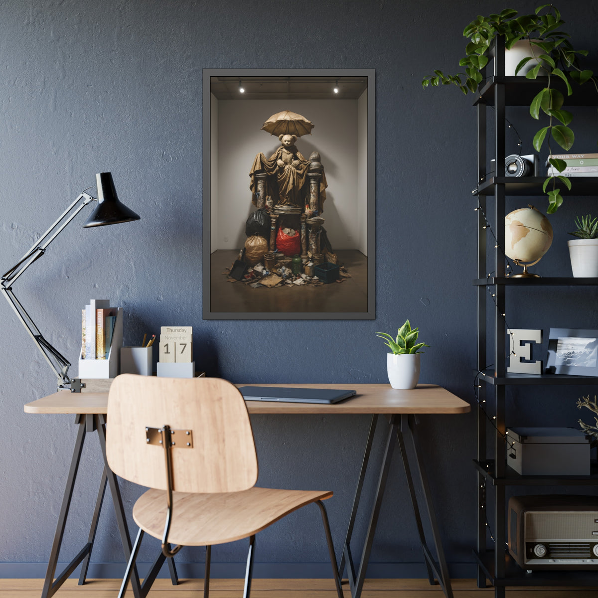 A teddy bear figure under an umbrella atop a pile of trash bags. Madonna of the Lost and Found by Garabaggio, framed fine art print hanging in a room.