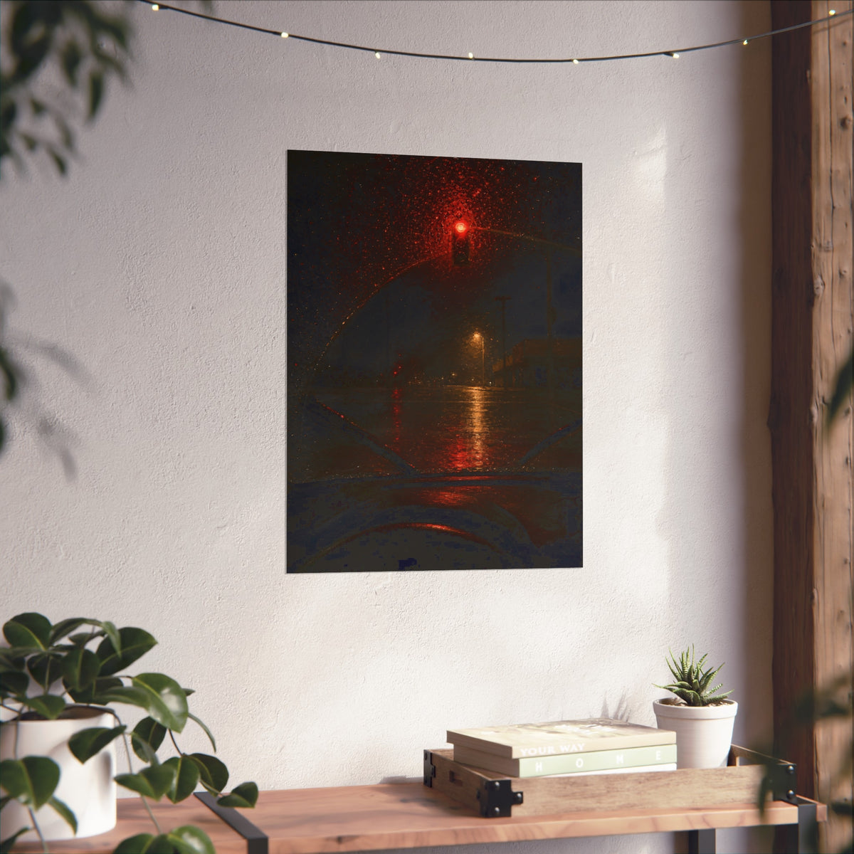 A red traffic light seen through a rain beaded windshield at night. The Windshield at the Red Light by Garabaggio, fine art print hanging in a room.