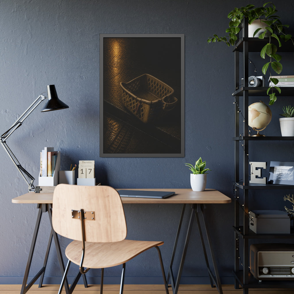 A cracked plastic laundry basket with a warped rim on wet asphalt. The Crushing of the Rim by Garabaggio, framed fine art print hanging in a room.