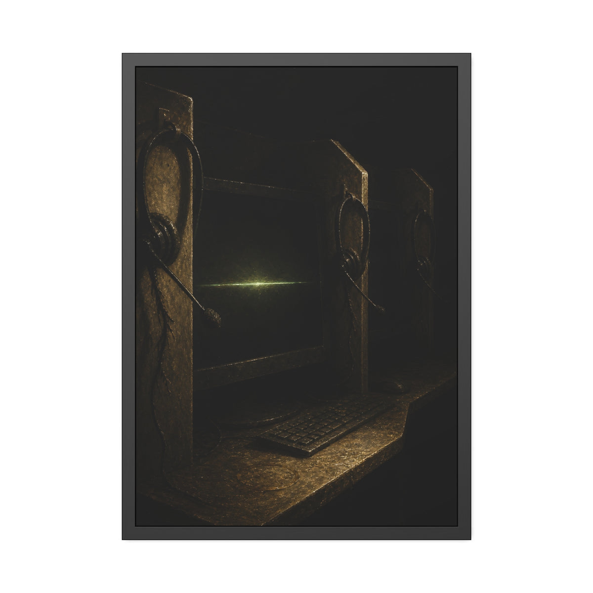 Dark cubicle monitors and a headset, one screen holding a thin green line. Power Down by Rows by Garabaggio, framed fine art print, 28″ x 40″.