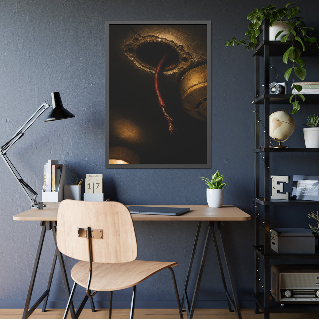 A frayed red wire hanging from a hole in a cracked ceiling. The Loose Red Wire by Garabaggio, framed fine art print hanging in a room.