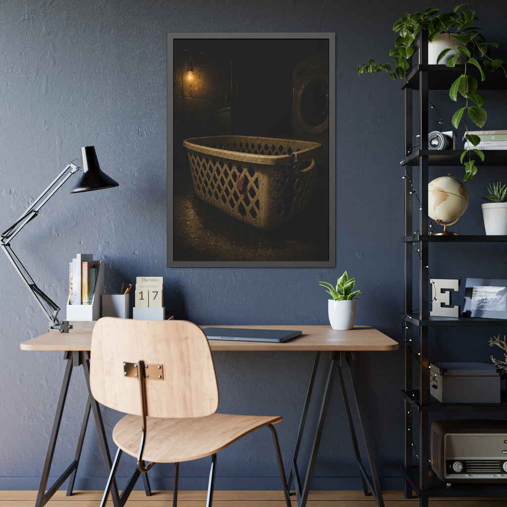 A laundry basket laced shut with blue cord under a bare bulb. The Binding with Blue Cord by Garabaggio, framed fine art print hanging in a room.