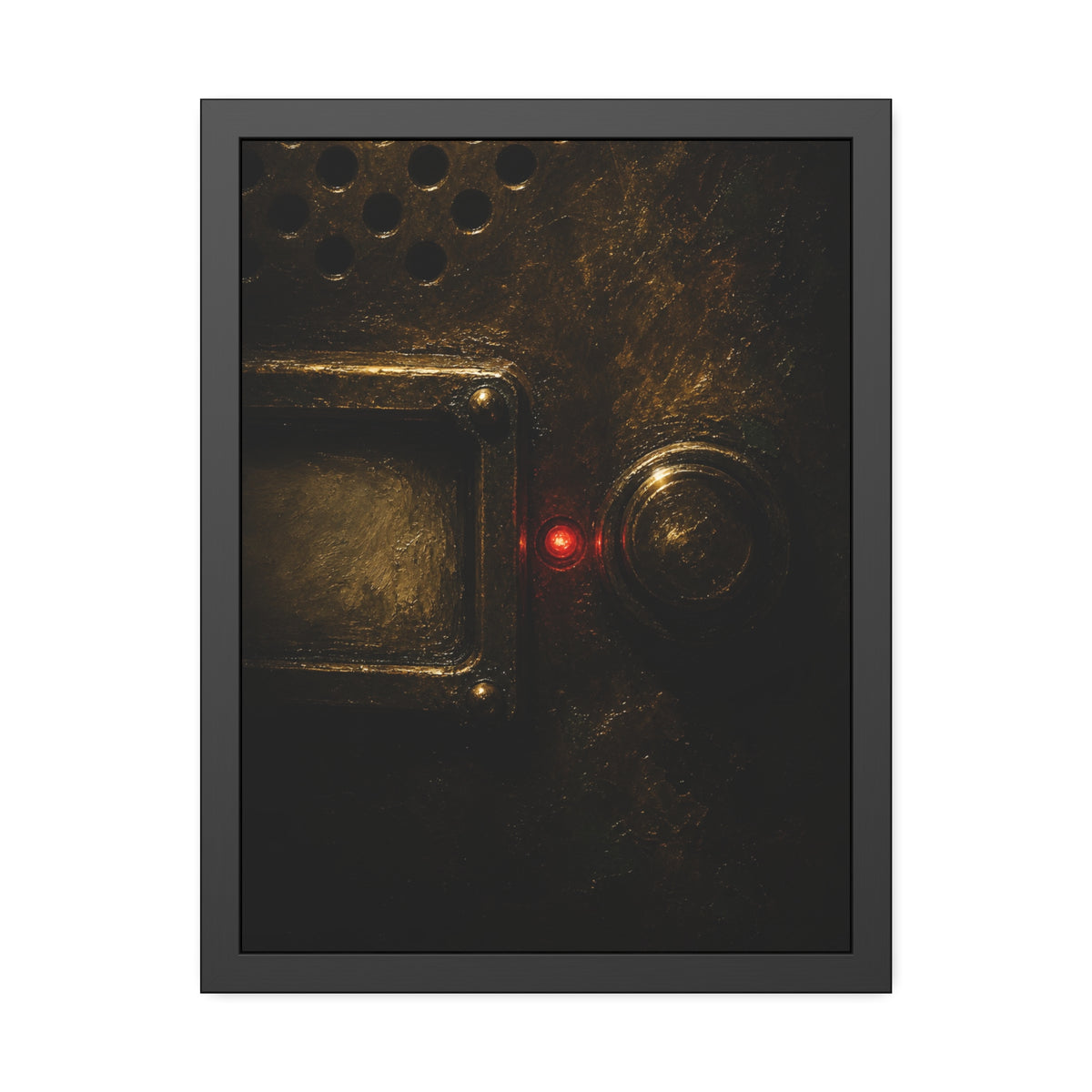 Close on an intercom nameplate and button with a small red light. The First Buzz at Dusk by Garabaggio, framed fine art print, 18″ x 24″.