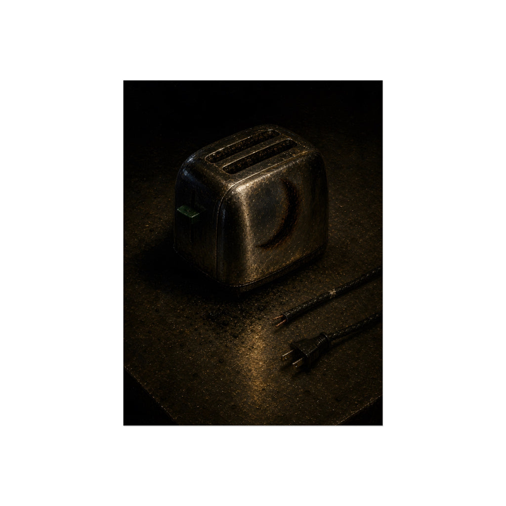 A scorched toaster on a metal table beside its severed cord and plug. The Severing of the Cord by Garabaggio, fine art print, 12″ x 16″.