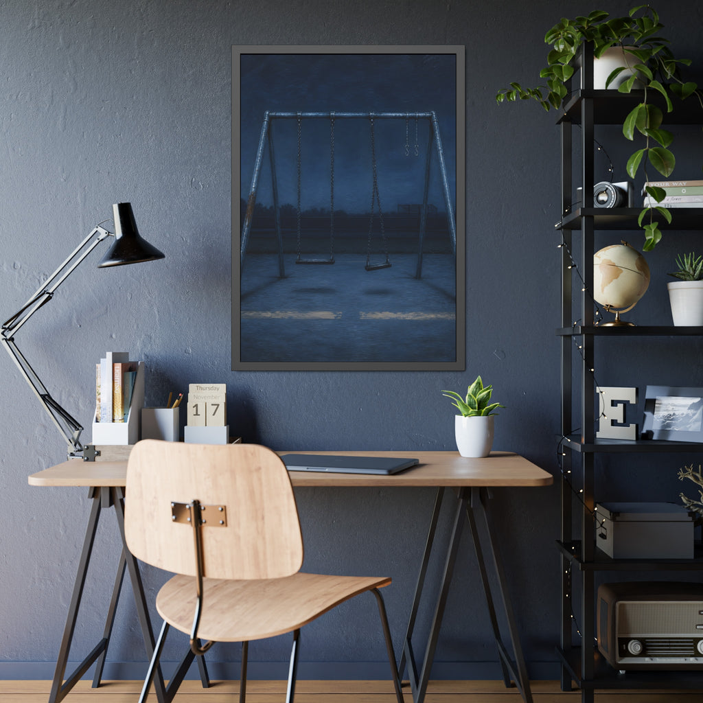 A swing set with two seats and two bare hooks in blue predawn light. The Fifth Hour: The Blue Before by Garabaggio, framed fine art print hanging in a room.