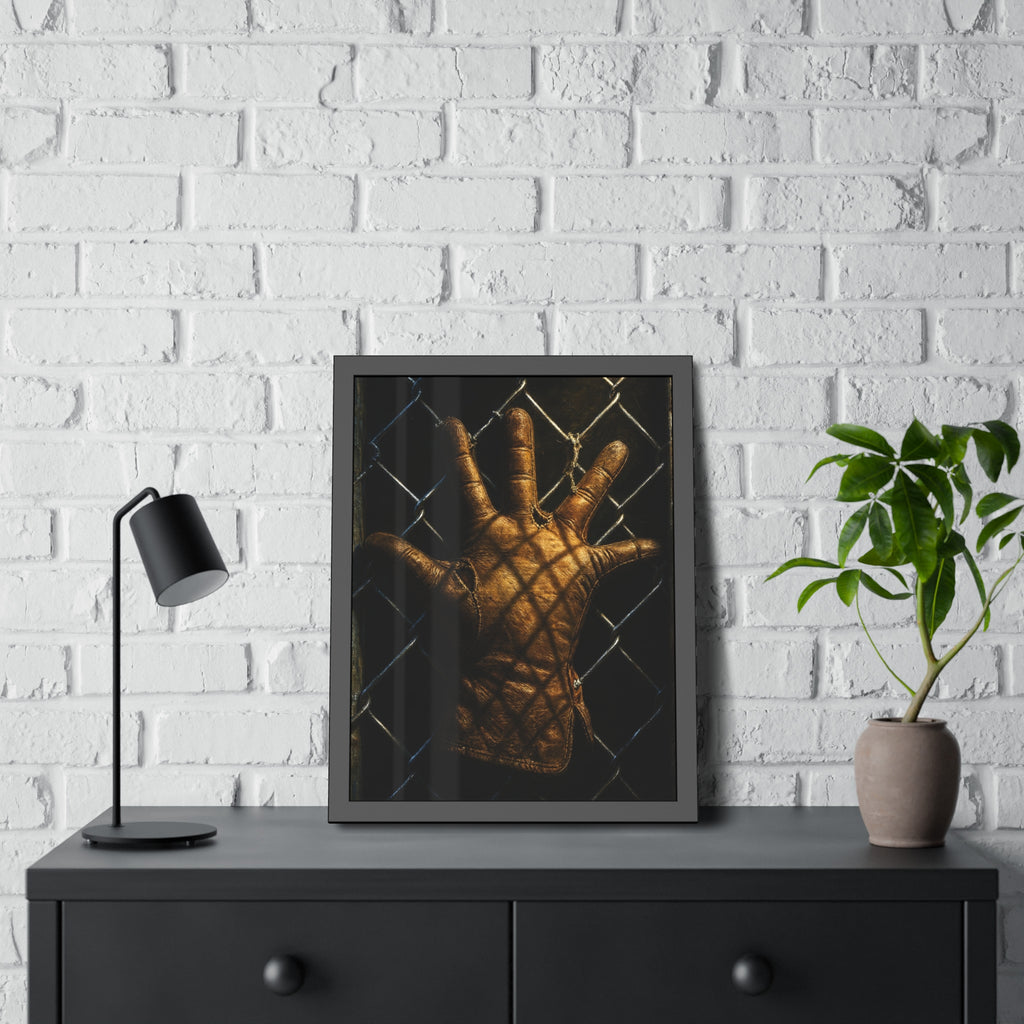 A leather work glove splayed palm out against chain-link wire. The Crucifixion on Chain-Link (Framed) by Garabaggio, framed fine art print hanging in a room.
