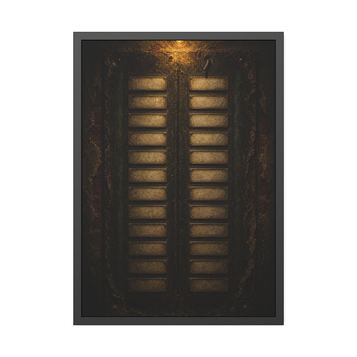 An intercom panel of blank name slots on a weathered building wall. The Names Behind Brass by Garabaggio, framed fine art print, 28″ x 40″.
