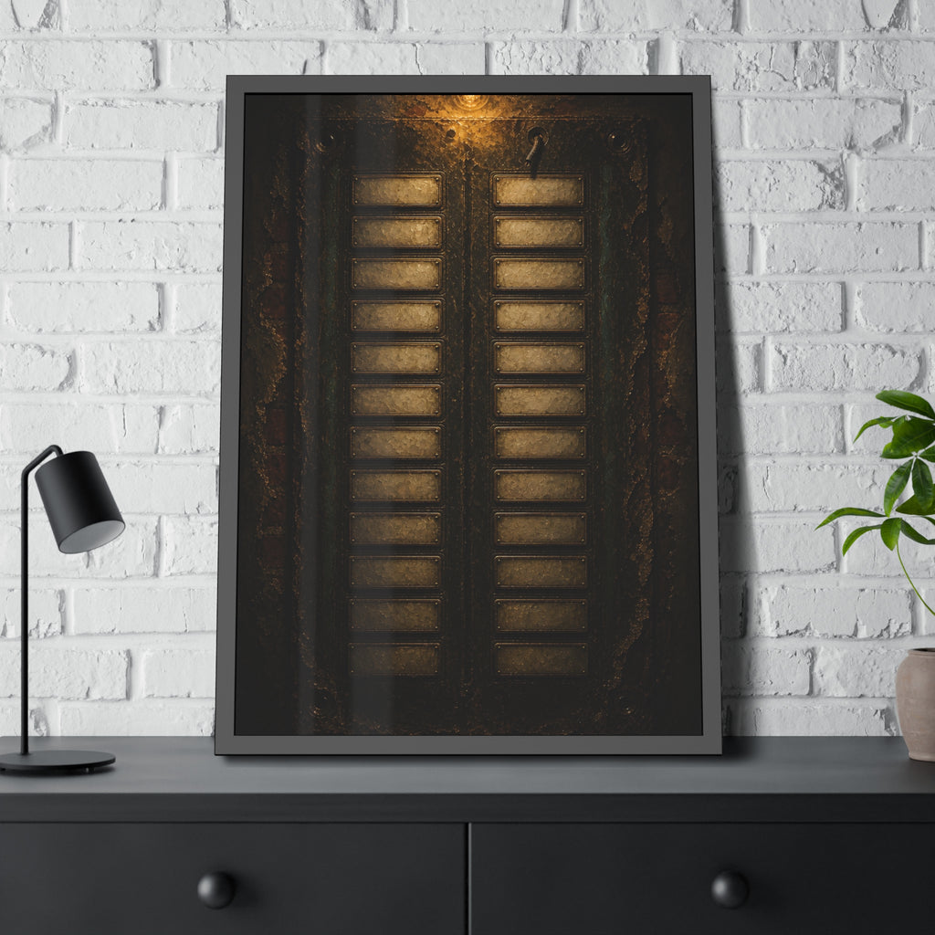 An intercom panel of blank name slots on a weathered building wall. The Names Behind Brass by Garabaggio, framed fine art print hanging in a room.