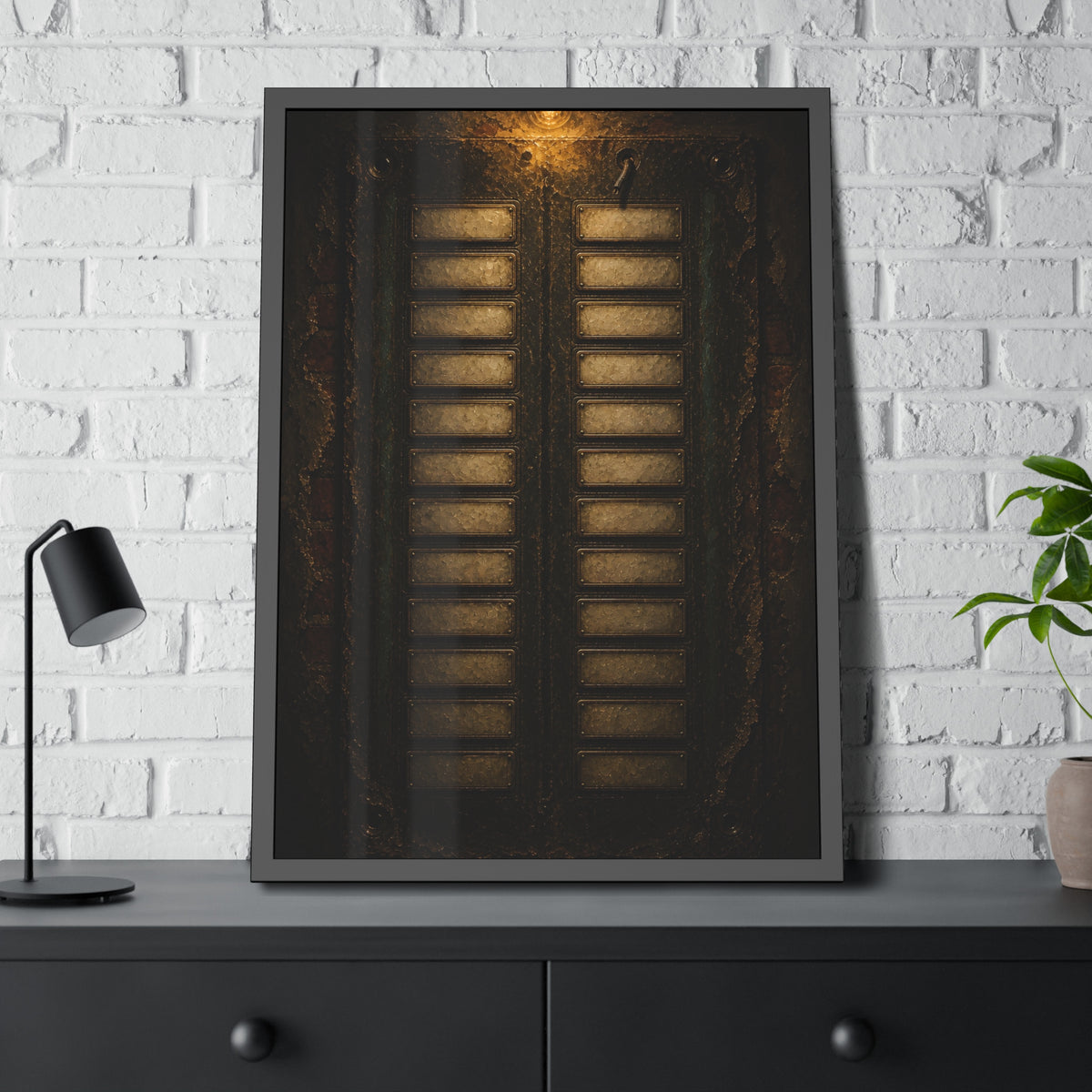An intercom panel of blank name slots on a weathered building wall. The Names Behind Brass by Garabaggio, framed fine art print hanging in a room.