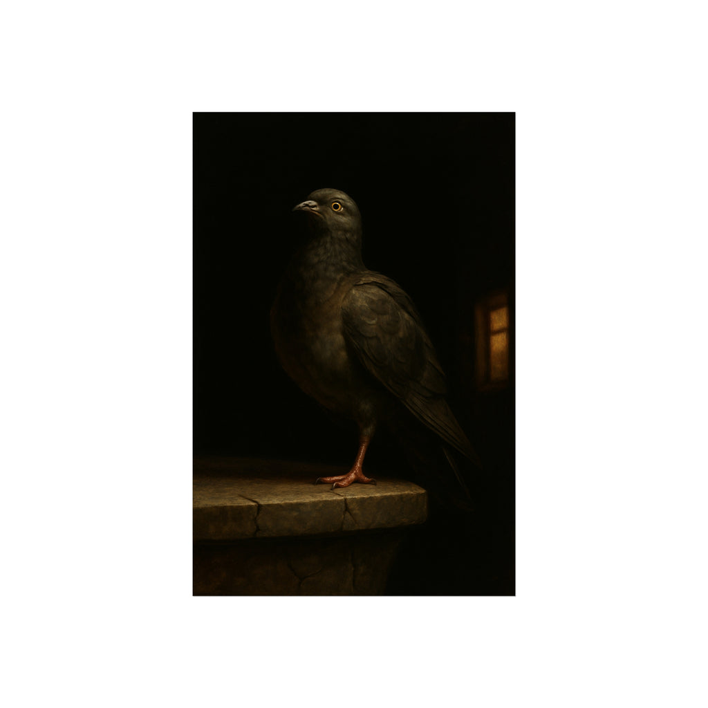 A pigeon standing on a cracked stone ledge in near darkness. The Martyrdom of the One-Legged Saint by Garabaggio, fine art print hanging in a room.