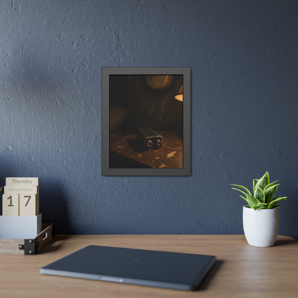 A nine volt battery on a nightstand below a wall smoke detector. The Battery Laid Below by Garabaggio, framed fine art print hanging in a room.