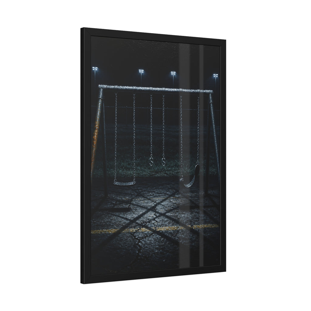 An empty swing set with a rusted leg on cracked asphalt. The Second Hour: The Rust Shaped Like a Hand by Garabaggio, framed fine art print hanging in a room.