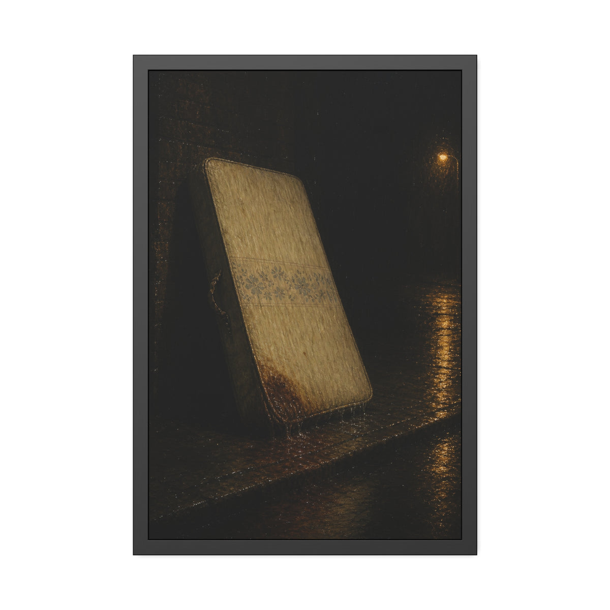 A stained mattress leaning against a wall in rain under a streetlamp. The First Rain by Garabaggio, framed fine art print, 24″ x 36″.
