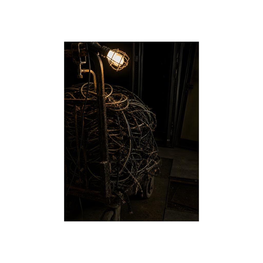 A tangled ball of cables on a hand cart under a caged work lamp. The Cable Harvest by Garabaggio, fine art print, 12″ x 16″.