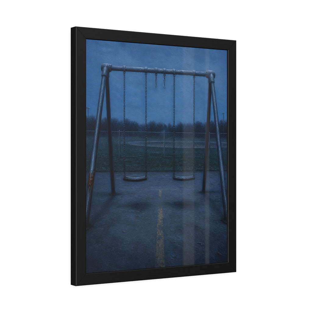 A swing set at dusk with two seats hanging straight. The Sixth Hour: The Seat Hanging Straight by Garabaggio, framed fine art print hanging in a room.