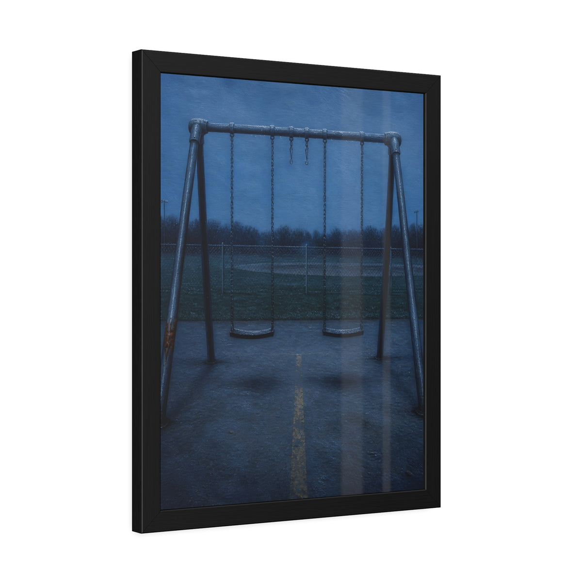 A swing set at dusk with two seats hanging straight. The Sixth Hour: The Seat Hanging Straight by Garabaggio, framed fine art print hanging in a room.