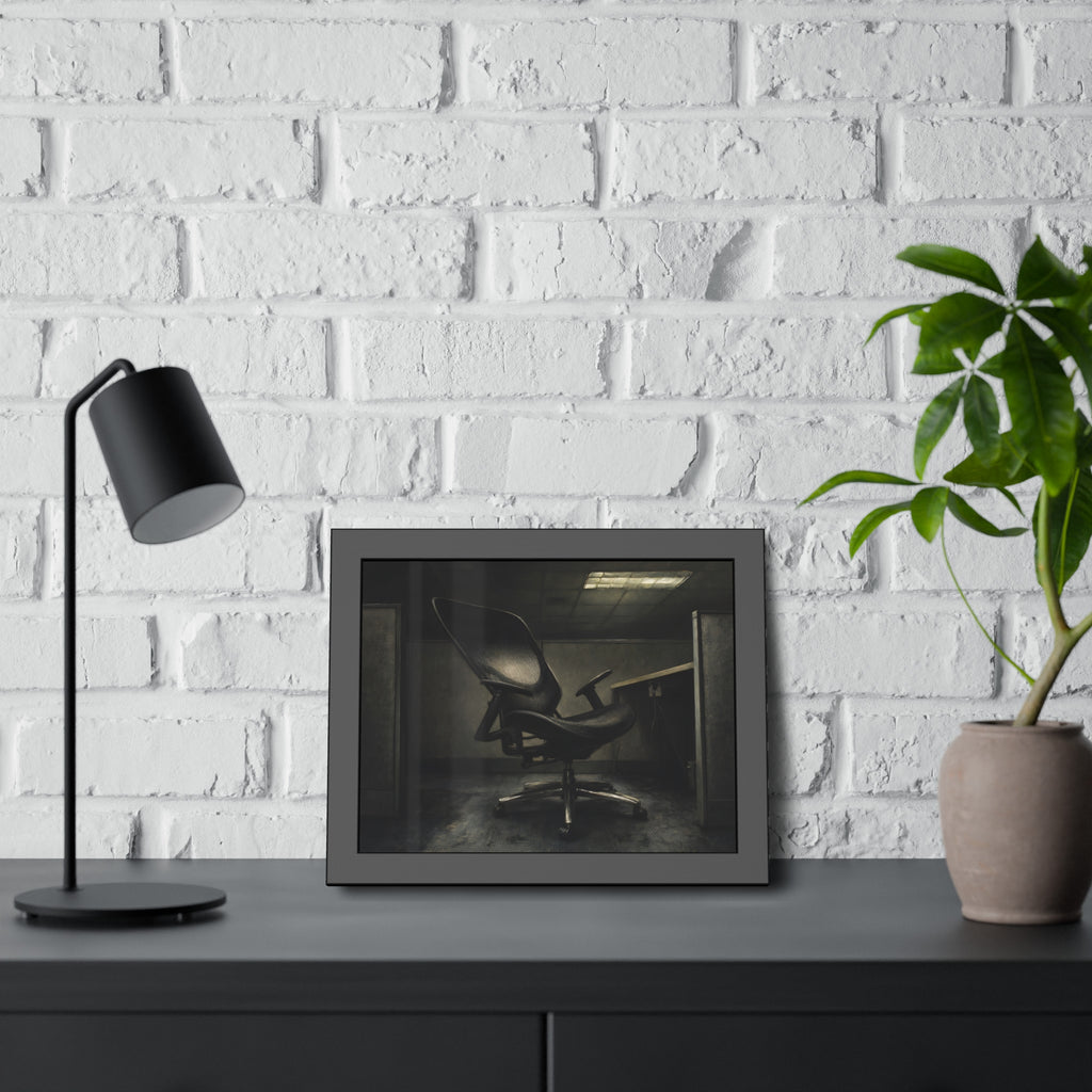 An office chair tilted back in an empty cubicle under one ceiling light. The Ergonomic Chair, Unlocked by Garabaggio, framed fine art print hanging in a room.