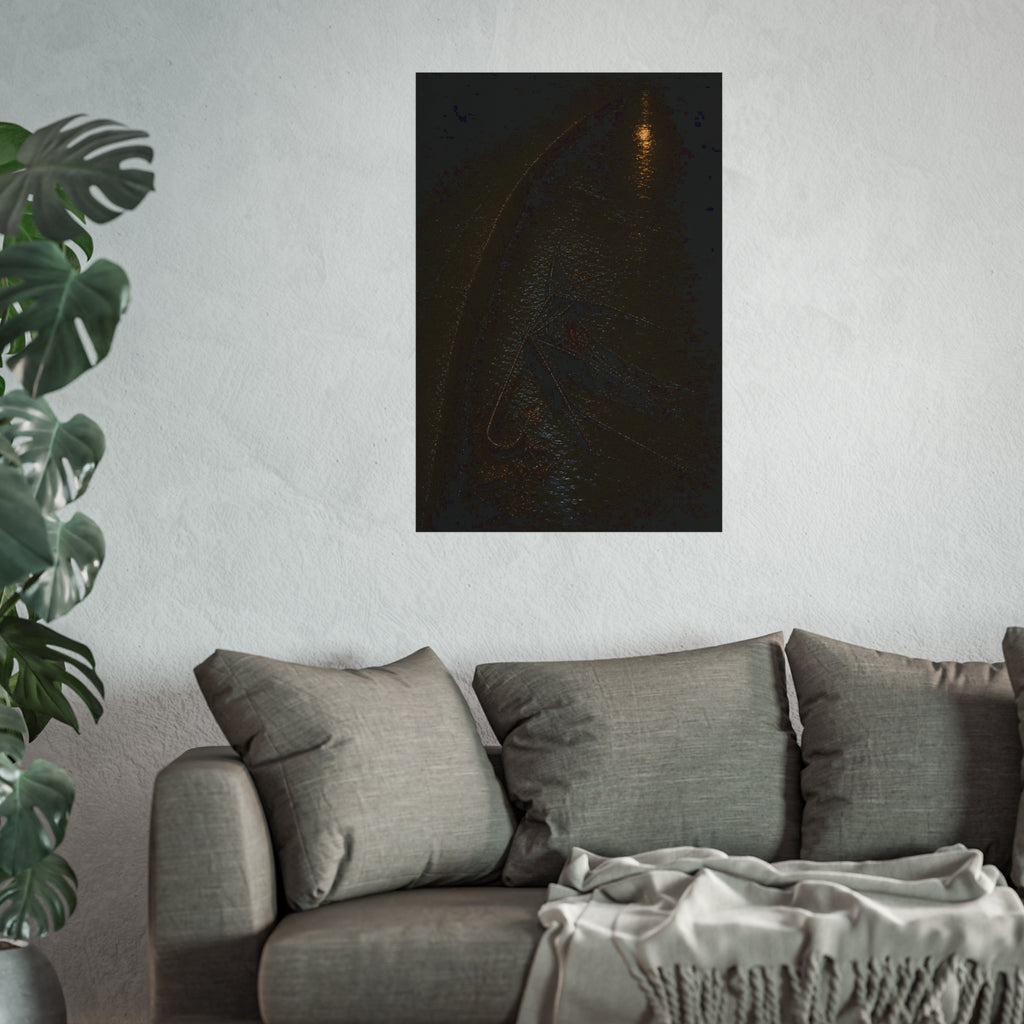 A collapsed umbrella in a dark wet gutter beside a curb, one distant light. The Procession in the Gutter by Garabaggio, fine art print hanging in a room.