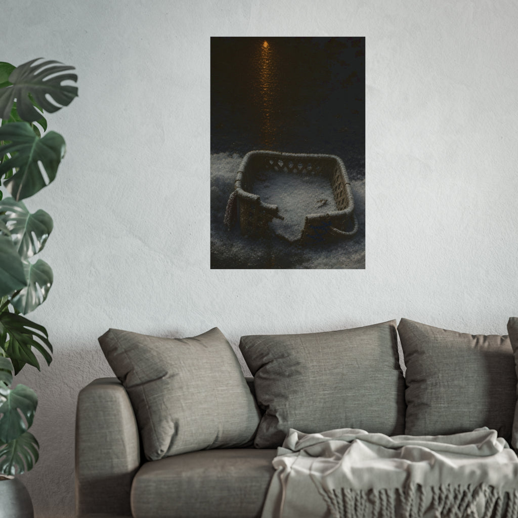 A cracked laundry basket half buried in snow under a distant lamp. The First Snow by Garabaggio, fine art print hanging in a room.