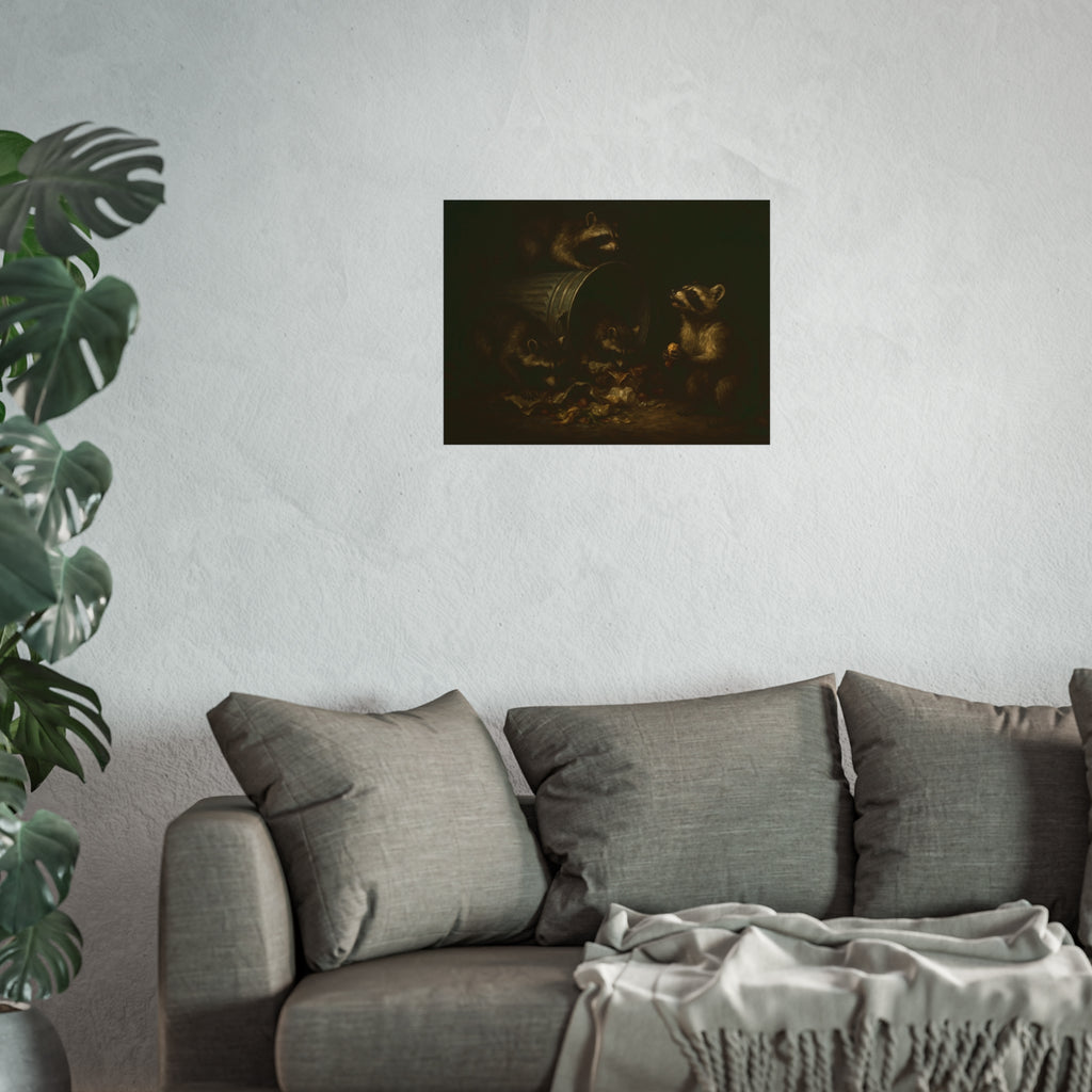Four raccoons around a toppled metal trash can in the dark. The Last Bite by Garabaggio, fine art print hanging in a room.