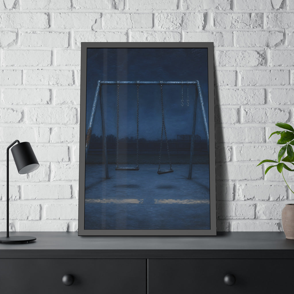 A swing set with two seats and two bare hooks in blue predawn light. The Fifth Hour: The Blue Before by Garabaggio, framed fine art print hanging in a room.
