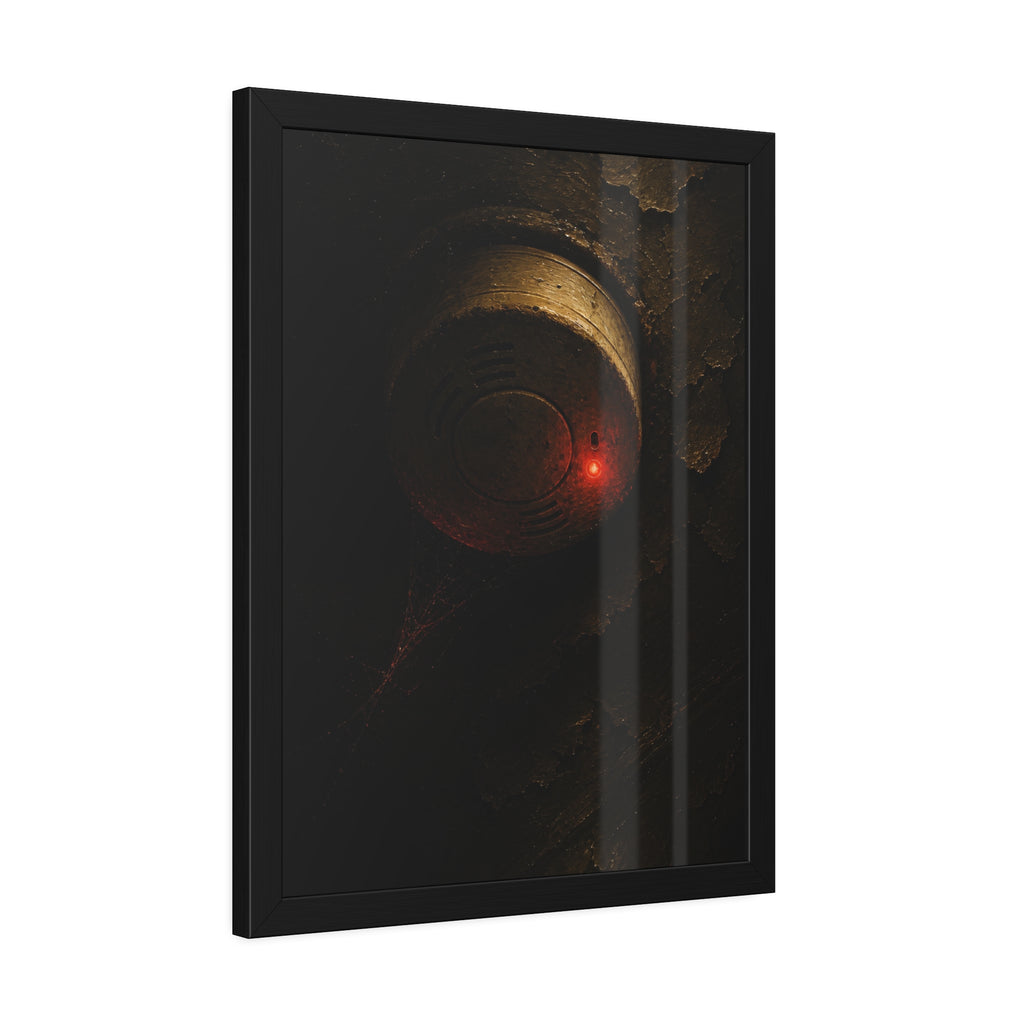 A dusty smoke detector on a peeling ceiling with its red light on. The First Red Blink by Garabaggio, framed fine art print hanging in a room.