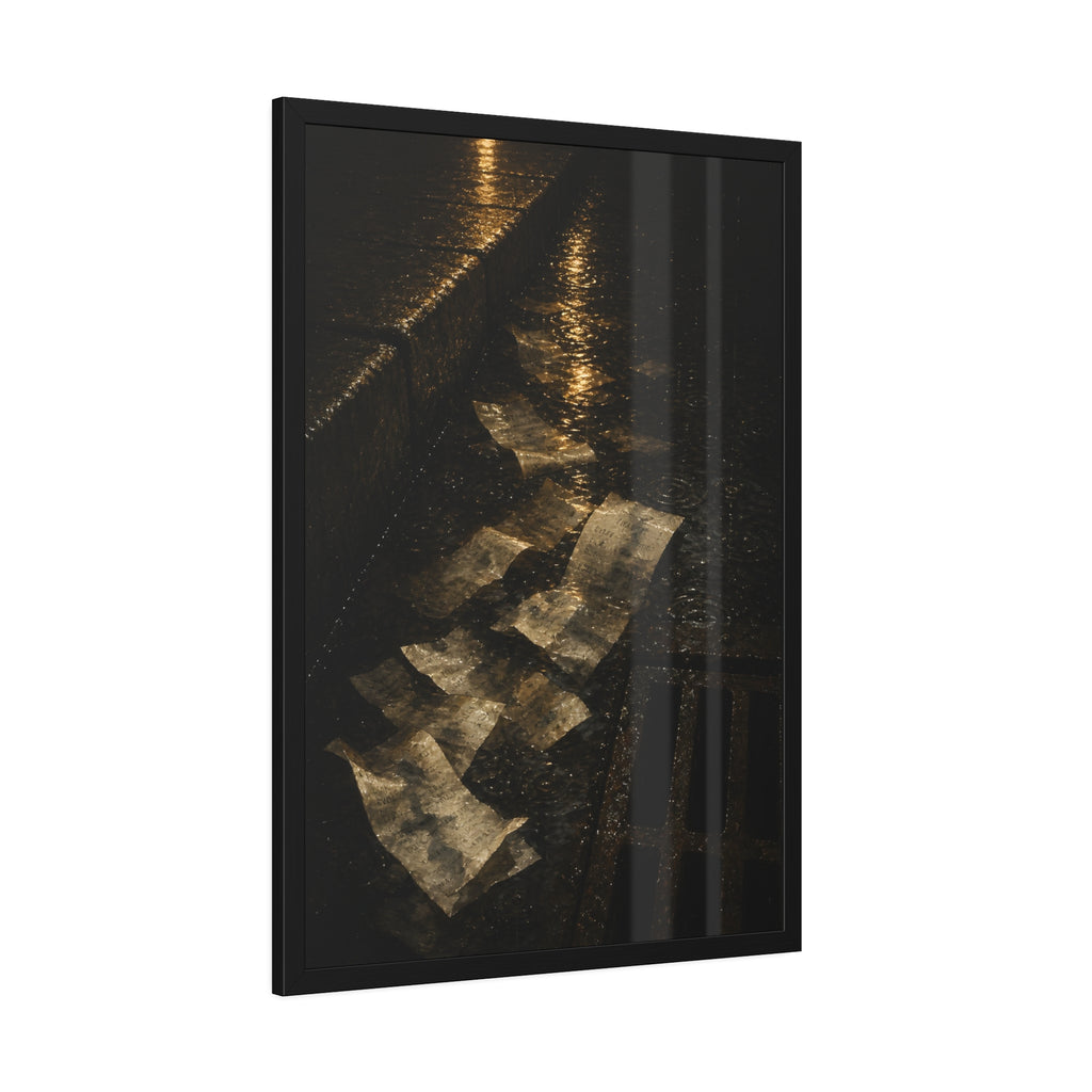 Wet receipts scattered in a gutter beside a storm drain in the rain. The Audit in Rain by Garabaggio, framed fine art print hanging in a room.