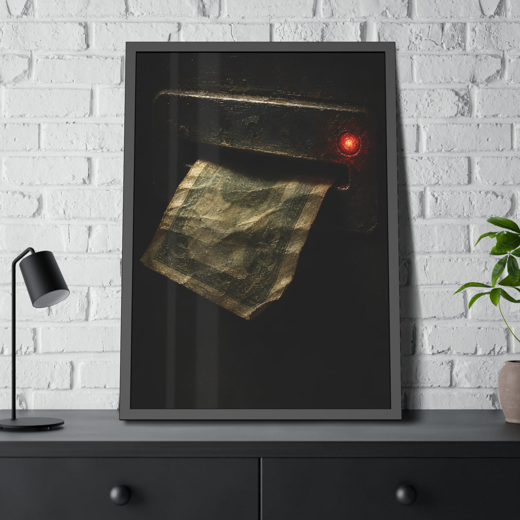 A worn bill pushed back out of a machine slot beside a red light. The Change Machine's Refusal by Garabaggio, framed fine art print hanging in a room.