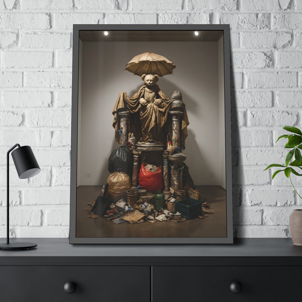A teddy bear figure under an umbrella atop a pile of trash bags. Madonna of the Lost and Found by Garabaggio, framed fine art print hanging in a room.