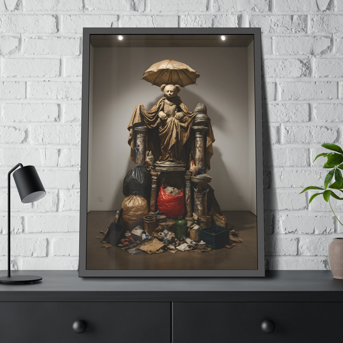 A teddy bear figure under an umbrella atop a pile of trash bags. Madonna of the Lost and Found by Garabaggio, framed fine art print hanging in a room.