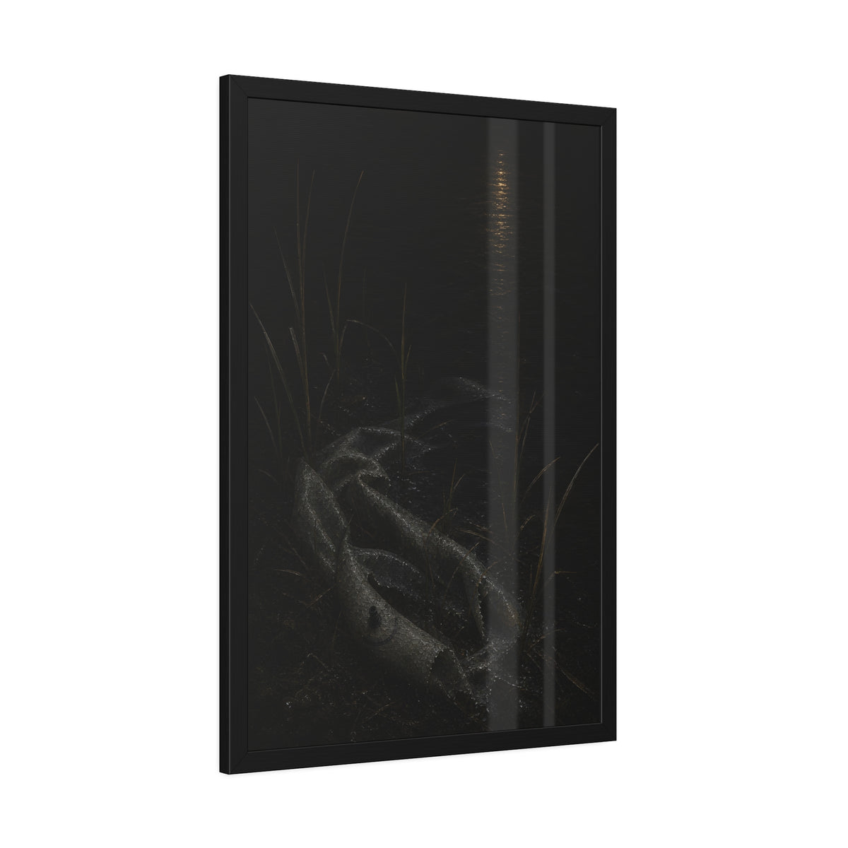 A deflated float slumped in lakeside reeds under a streak of moonlight. Spring Skin in the Reeds by Garabaggio, framed fine art print hanging in a room.
