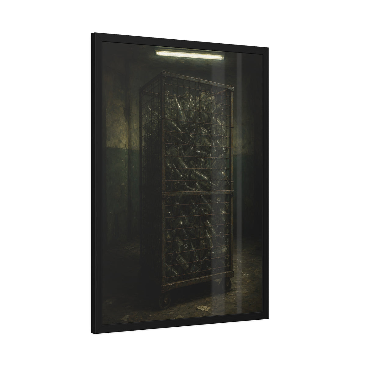 A tall wire cage cart packed with clear bottles in a dim concrete room. The Cage of Clear Glass by Garabaggio, framed fine art print hanging in a room.