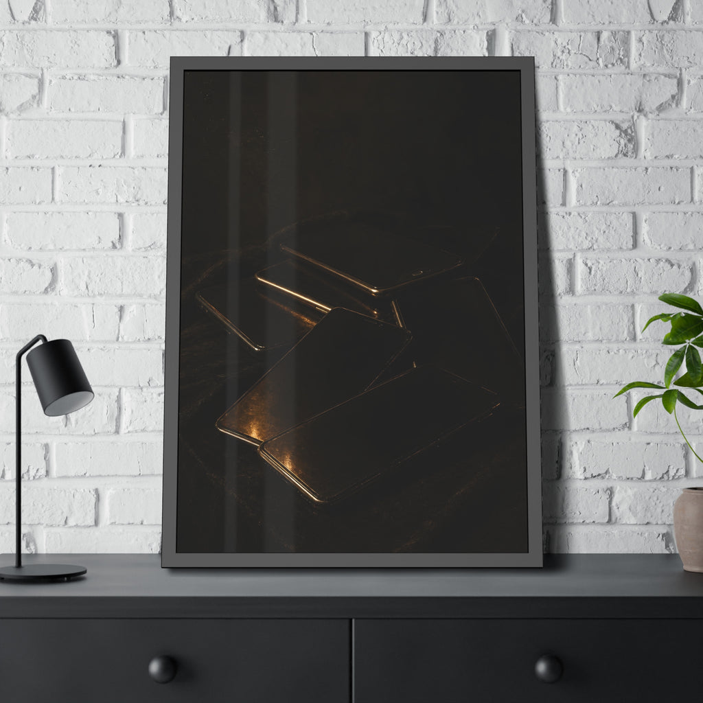 Stack of dead phone screens on dark cloth, edges catching warm light. After the Light Goes Out by Garabaggio, framed fine art print hanging in a room.