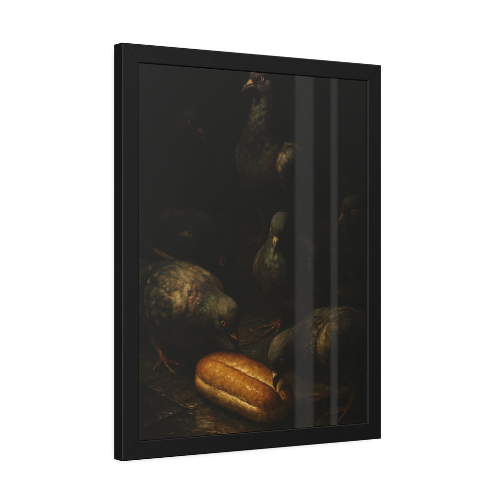 Pigeons crowding around a bread roll on dark stone paving. The Congregation at the Bun by Garabaggio, framed fine art print hanging in a room.