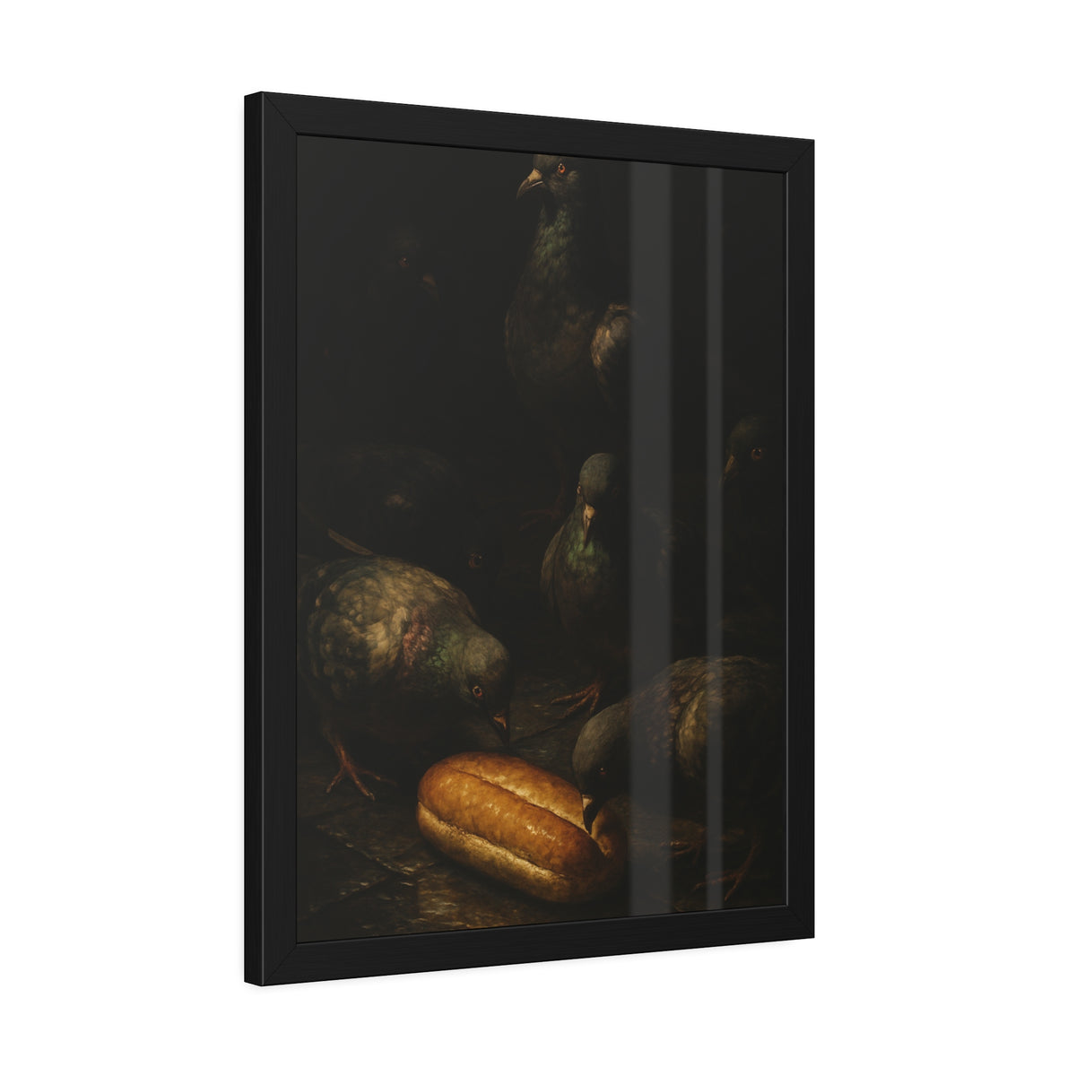 Pigeons crowding around a bread roll on dark stone paving. The Congregation at the Bun by Garabaggio, framed fine art print hanging in a room.