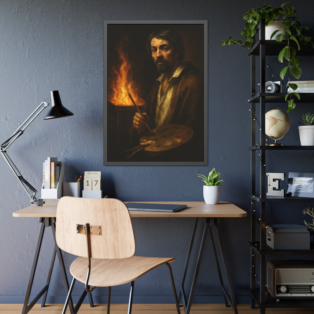 Man holding a palette and brushes, a fire behind him. Self-Portrait with Palette (After Caravaggio) by Garabaggio, framed fine art print hanging in a room.