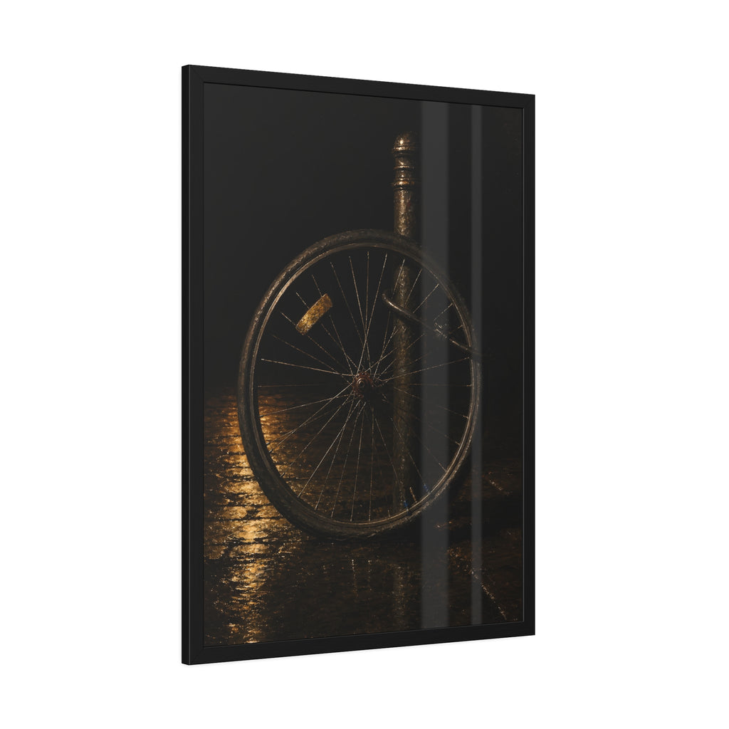 A bare bicycle wheel locked to a post on wet pavement. The Wheel Without a Bicycle by Garabaggio, framed fine art print hanging in a room.