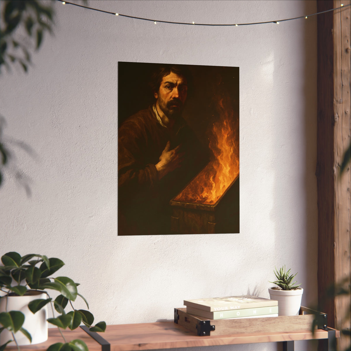Man with a hand on his chest as flames run the length of a dumpster. Self-Portrait in the Final Hour by Garabaggio, fine art print hanging in a room.