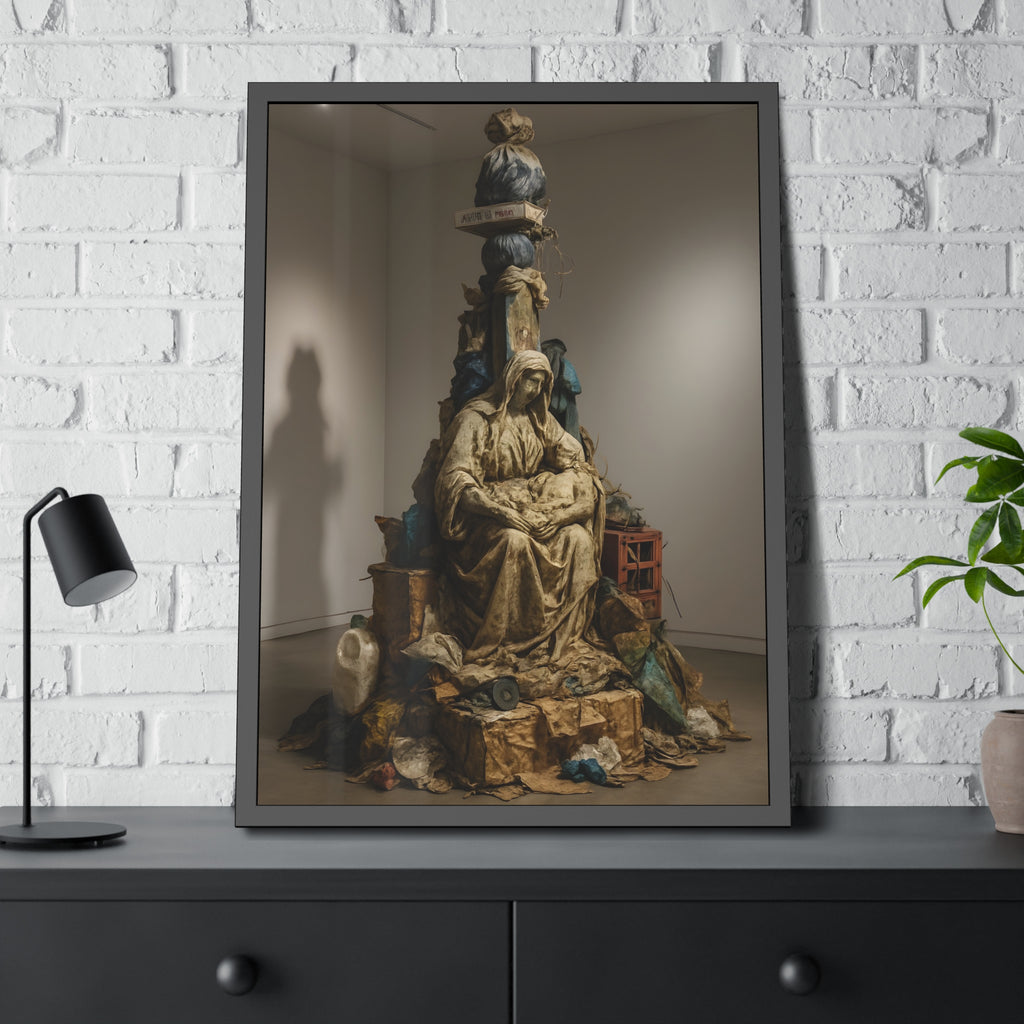 Seated hooded figure cradling a bundle on a mound of bagged refuse. Pietà of the Curbside by Garabaggio, framed fine art print hanging in a room.