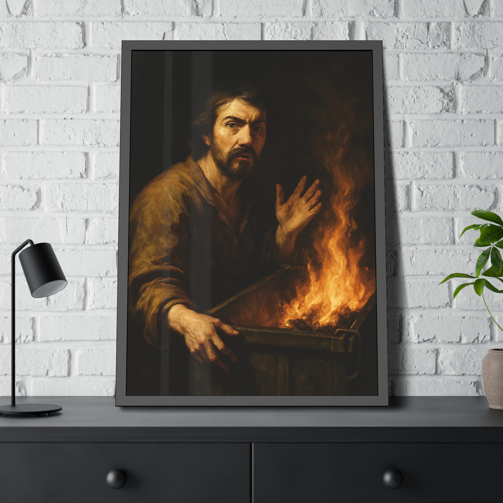 Man gripping the edge of a burning dumpster with one hand raised. Self-Portrait at 3:40 AM by Garabaggio, framed fine art print hanging in a room.