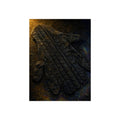 A flattened work glove on asphalt with a tire tread pressed across it. The Passage of the Wheel by Garabaggio, fine art print, 12″ x 16″.