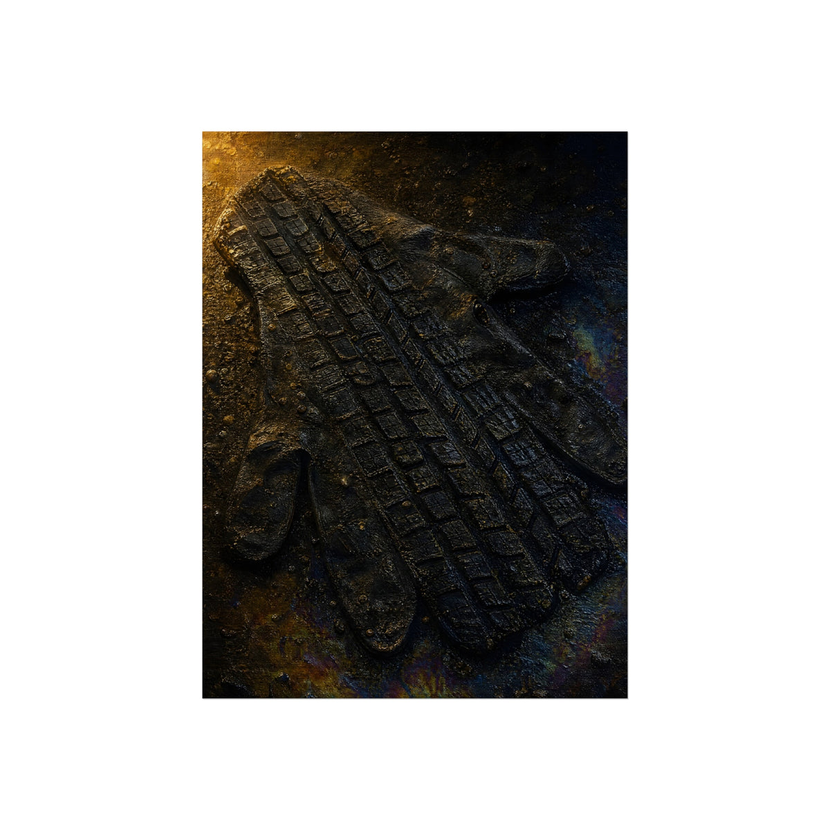 A flattened work glove on asphalt with a tire tread pressed across it. The Passage of the Wheel by Garabaggio, fine art print hanging in a room.