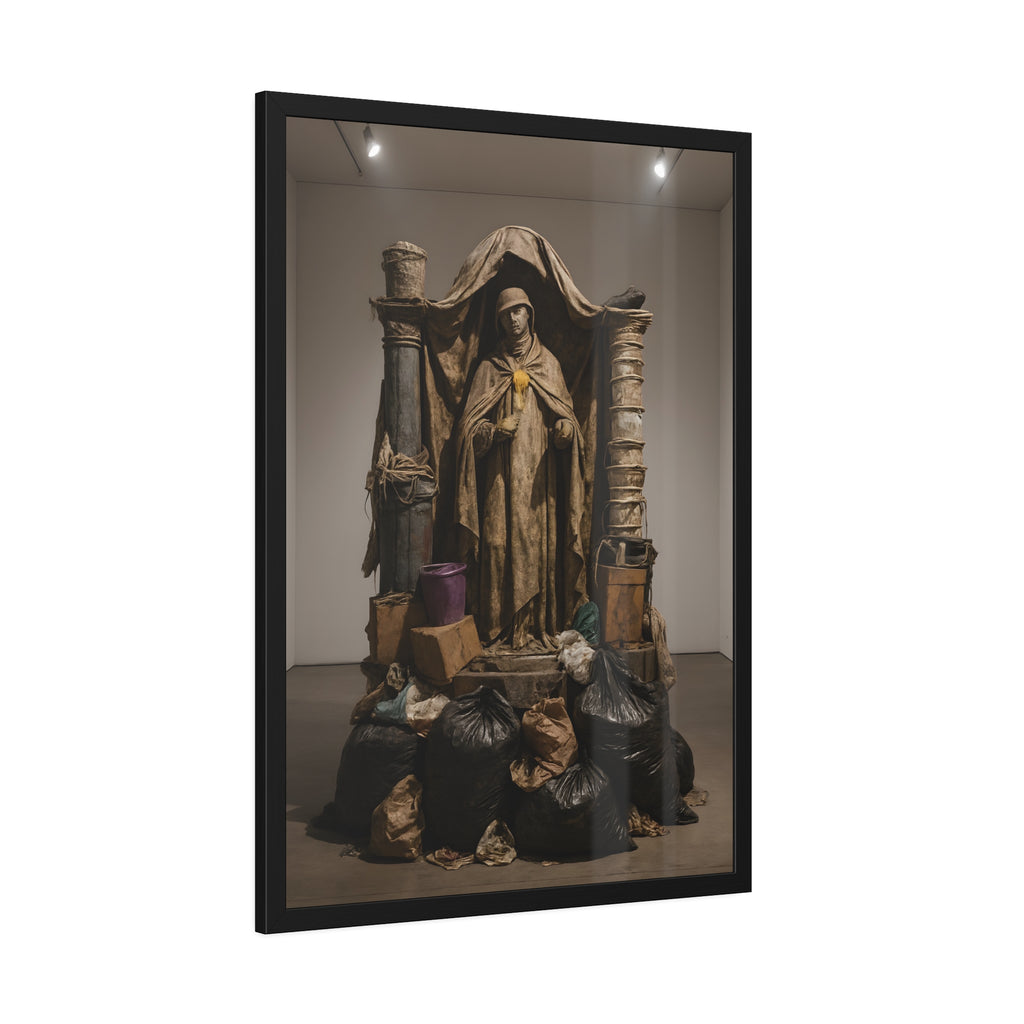 Draped standing figure under a canopy above a heap of black garbage bags. Saint Francis of the Black Bag by Garabaggio, framed fine art print hanging in a room.