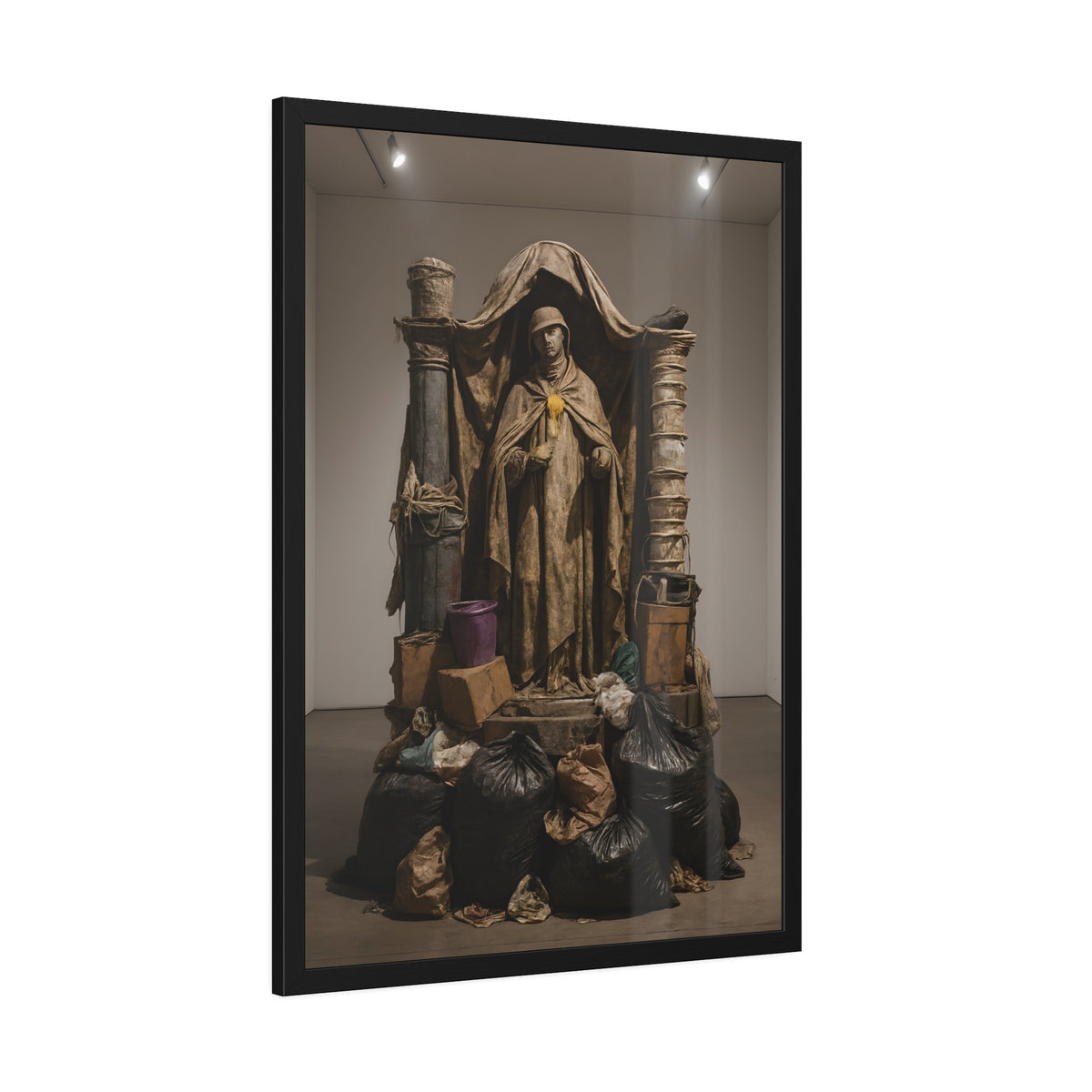 Draped standing figure under a canopy above a heap of black garbage bags. Saint Francis of the Black Bag by Garabaggio, framed fine art print hanging in a room.