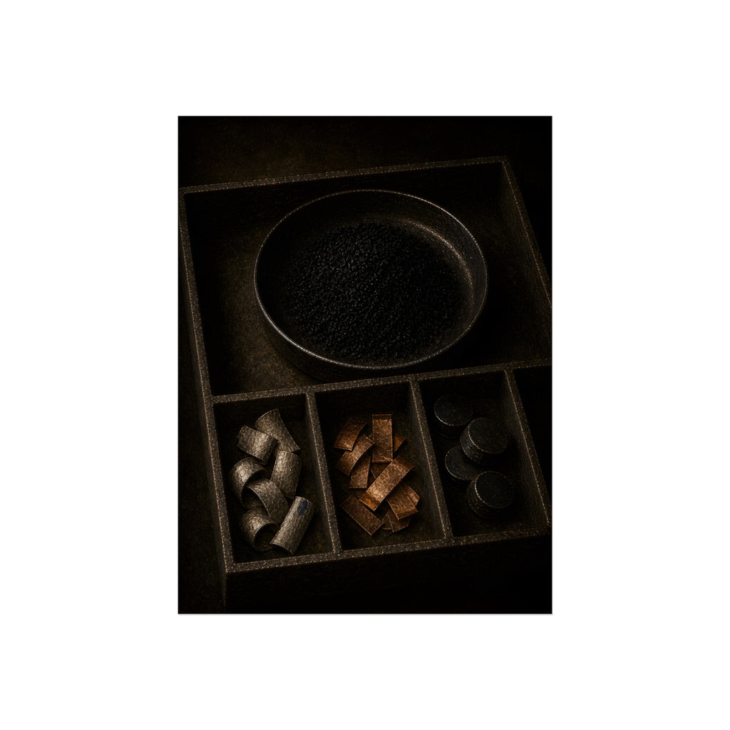 Sorted battery parts in a divided tray, metal strips, cells and powder. The Separation of Metals by Garabaggio, fine art print, 12″ x 16″.