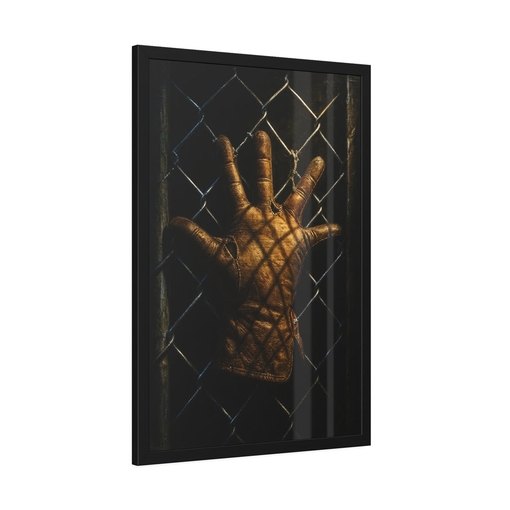 A leather work glove splayed palm out against chain-link wire. The Crucifixion on Chain-Link (Framed) by Garabaggio, framed fine art print hanging in a room.