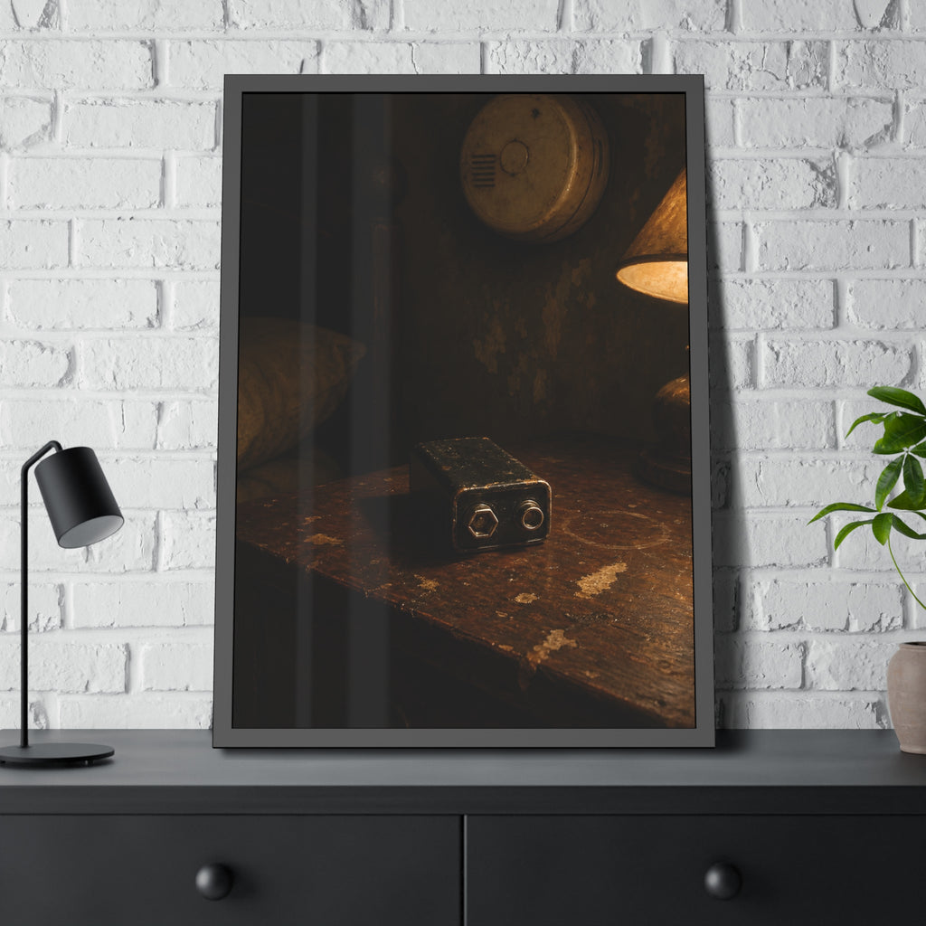A nine volt battery on a nightstand below a wall smoke detector. The Battery Laid Below by Garabaggio, framed fine art print hanging in a room.