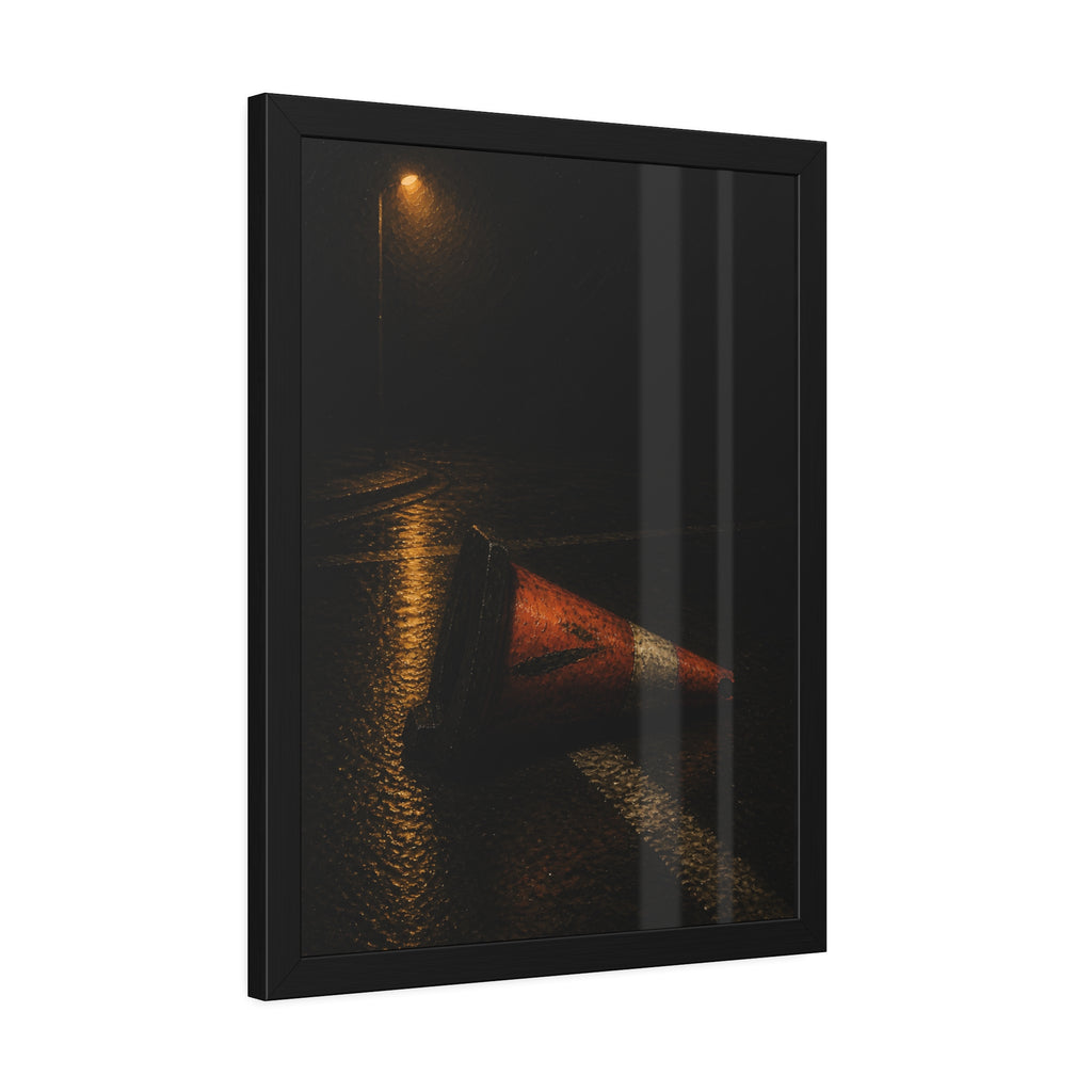 A toppled orange traffic cone on a wet road under a lone streetlight. The Taking by the Bumper by Garabaggio, framed fine art print hanging in a room.