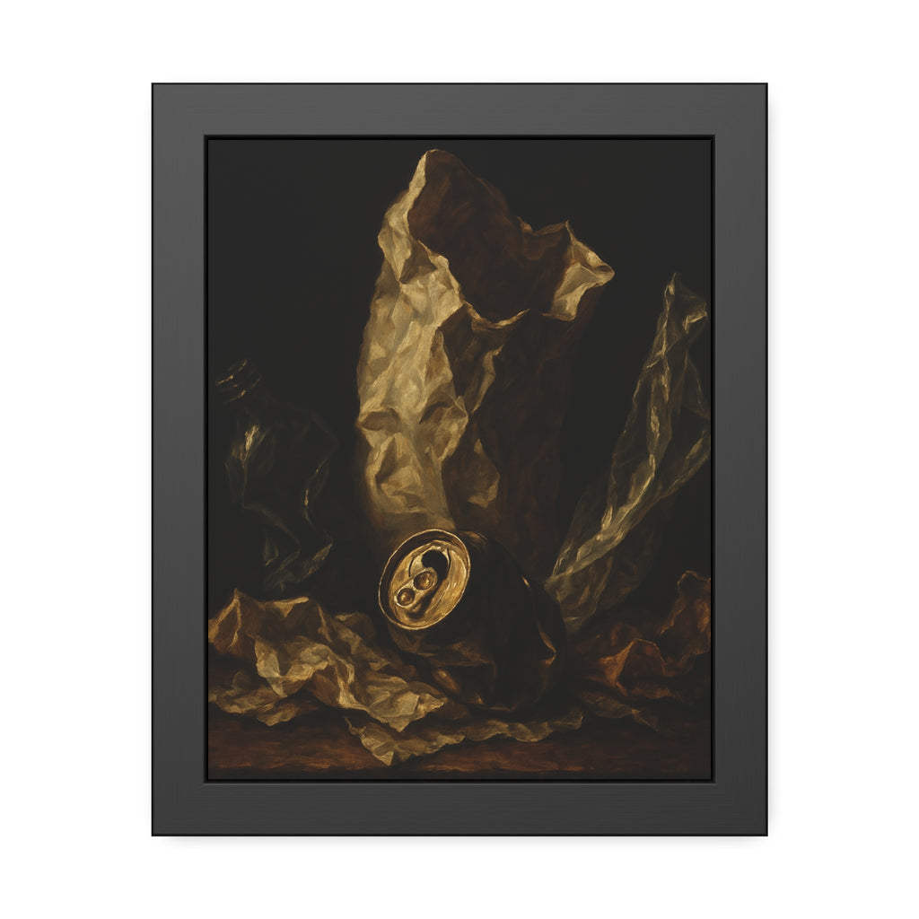 A crushed paper bag, dented can and flattened bottle on a dark table. Vanitas with Crumpled Bag by Garabaggio, framed fine art print, 11″ x 14″.